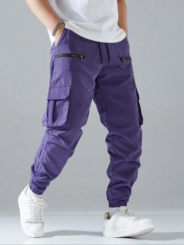 Men's Loose Solid Pocket Drawstring Waist Cargo Pants, Street Fashion Zipper Jogger Pants for Daily Wear, Casual Men's Trousers for All Seasons, Pants for Men, Going Out Summer Bottoms, Teacher Outfits 2024, 2000s Pants