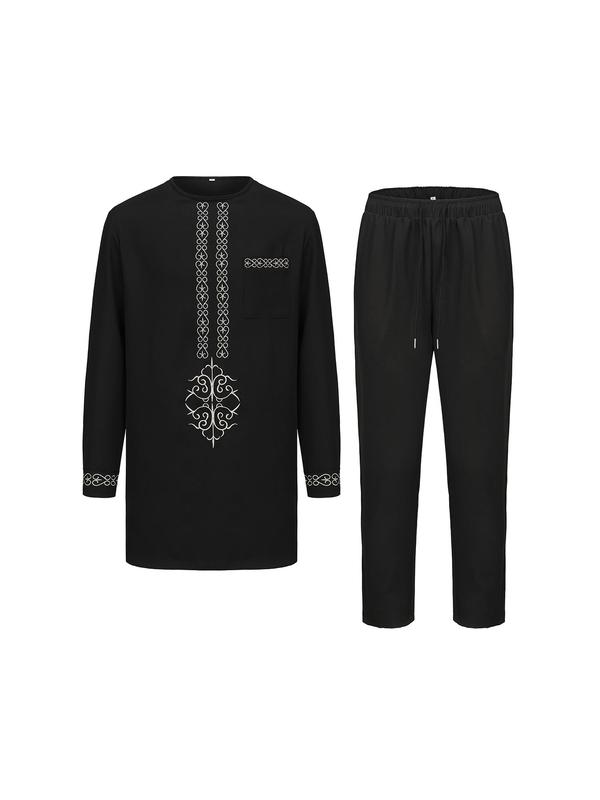 Men's Ethnic Pattern Embroidery Long Sleeve Set, Regular Fit Round Neck Top & Pocket Pants Two-piece Set, Men's Islamic Clothing for All Seasons