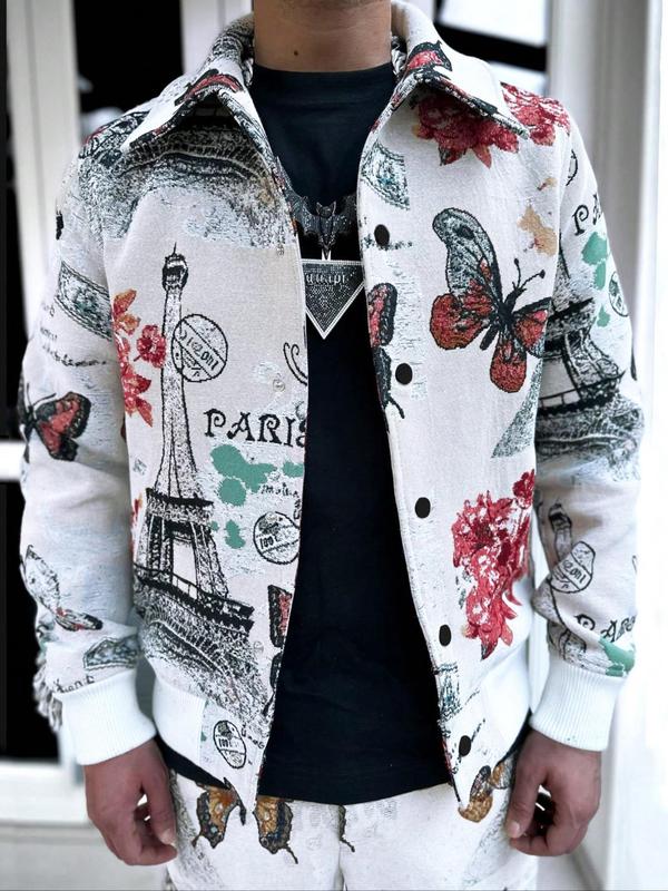 Men's Eiffel Tower & Floral & Butterfly Print Button Front Jacket, Casual Long Sleeve Collared Outerwear for Fall & Winter, Men's Clothes for Daily Wear