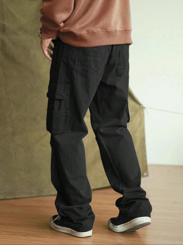 Men's Solid Color Flap Pocket Drawstring Waist Cargo Pants, Street Fashion Casual Loose Elastic Waist Trousers for Daily Wear, Men's Bottoms for All Seasons