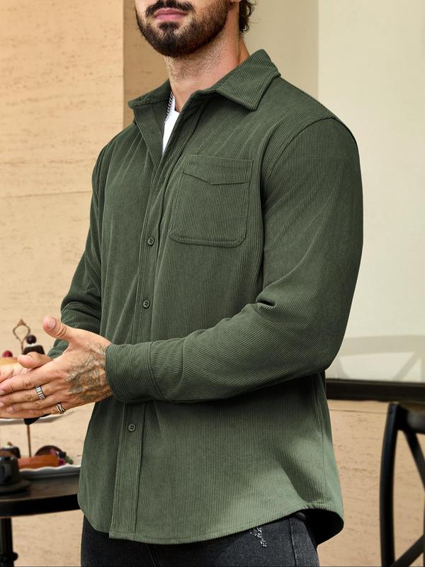 Men's Solid Button Front Pocket Shirt, Loose Casual Long Sleeve Collared Top for Fall & Winter, Men's Clothes for Daily Wear