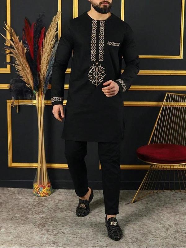 Men's Ethnic Pattern Embroidery Long Sleeve Set, Regular Fit Round Neck Top & Pocket Pants Two-piece Set, Men's Islamic Clothing for All Seasons