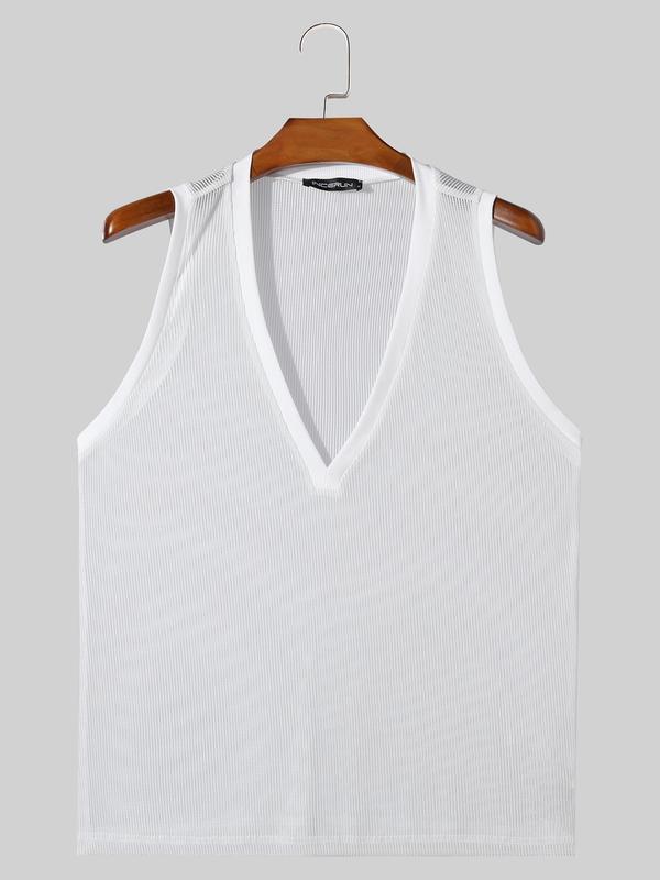 Men's Solid Hollow Out Deep V Neck Tank Top, Casual Slim Sleeveless Tee for Summer, Streetwear, Fashion Men's Top for Daily Wear