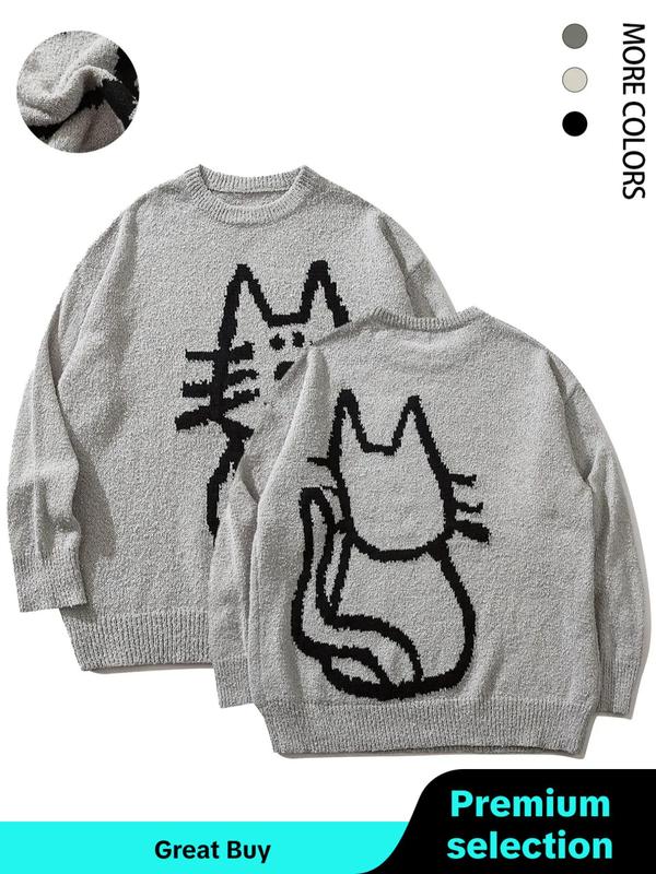 Unisex Men's Cartoon Cat Print Crewneck Sweater, Spring Outfits 2024, Loose Casual Streetwear Longsleeves Jumper for Fall Winter Menswear, Streetwear Y2k Tops, Graphic Sweater for Women