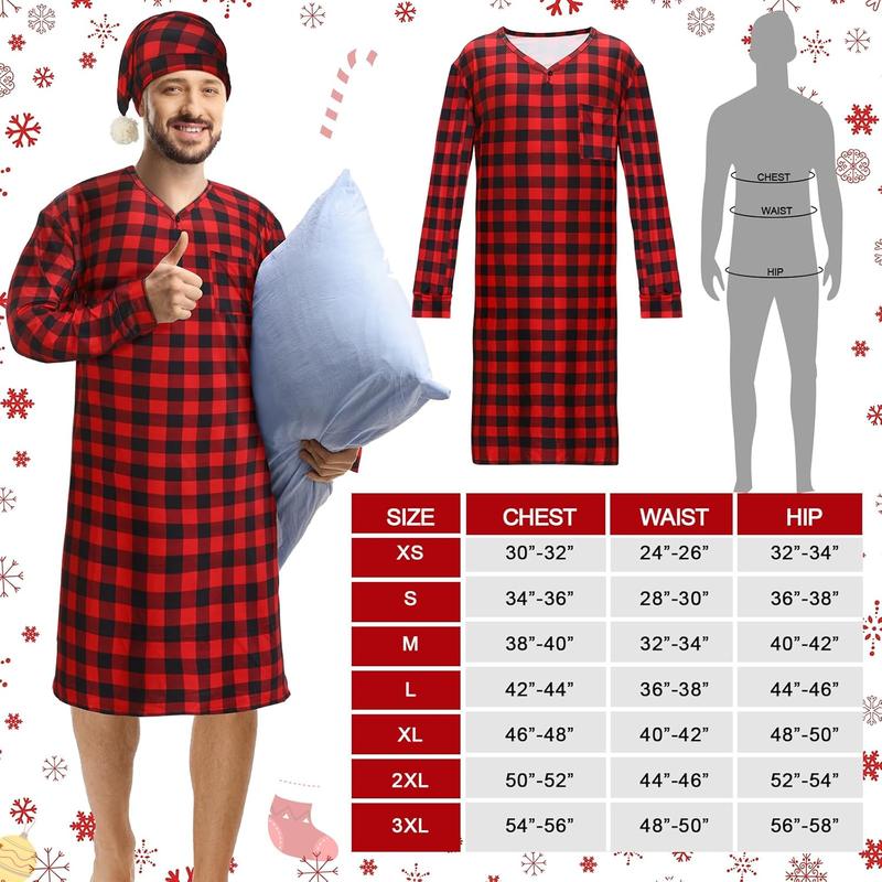 Christmas Plaid Men's Sleep Shirt Sleeping Hat Set Long Sleeve Pajama Cap with Pom Balls for Men