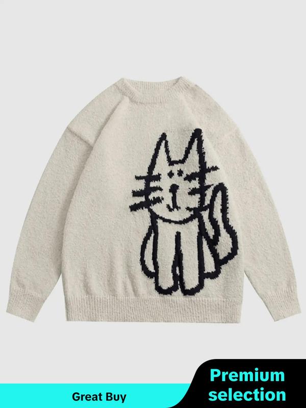 Unisex Men's Cartoon Cat Print Crewneck Sweater, Spring Outfits 2024, Loose Casual Streetwear Longsleeves Jumper for Fall Winter Menswear, Streetwear Y2k Tops, Graphic Sweater for Women