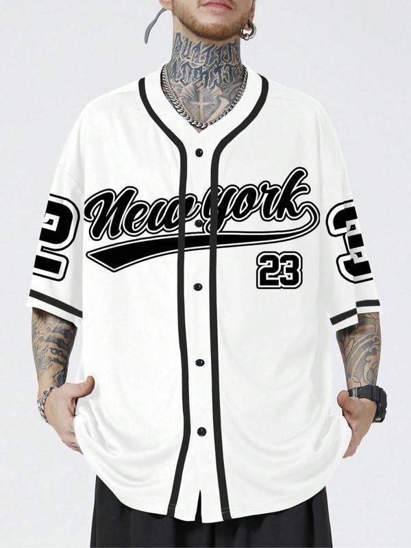 Men's Letter & Number Print Button Front V Neck Baseball Jersey, Casual Drop Shoulder Short Sleeve Top for Daily Wear, Men's Clothes for All Seasons