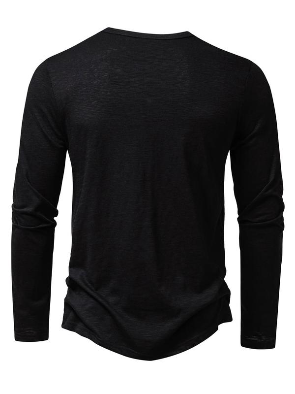 Men's Button Front Round Neck Henry Tee, Regular Fit Solid Long Sleeve T-shirt for Daily Wear, Casual Soft Comfy Top for All Seasons, Fall Clothes 2024