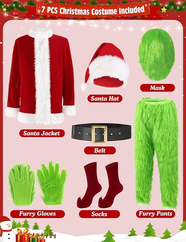 Christmas Green Big Monster Costume for Adult, 7Pcs Deluxe Green Santa Cosplay Furry Suit with Mask forMen Women