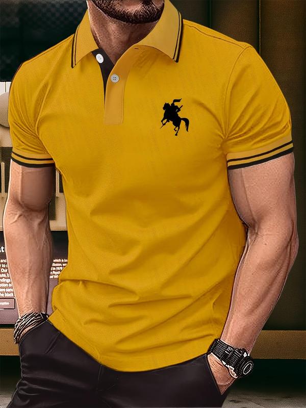 Men's Regular Fit Cartoon Horse Print Polo Shirt, Casual Short Sleeve Button Front Top for Summer, Fashion Men's Clothes for Daily Wear, School Tops, Polo Shirts for Men, Teacher Outfits