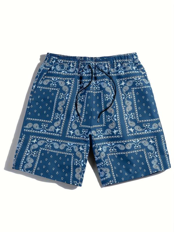 Men's Ethnic Pattern Pocket Drawstring Waist Shorts, Regular Fit Summer Clothes, Stylish Paisley Print Elastic Waist Swim Trunks, Going Out Outfit, Back To School Outfits, Beach Shorts for Casual, Drippy Outfits, 80s Fashion