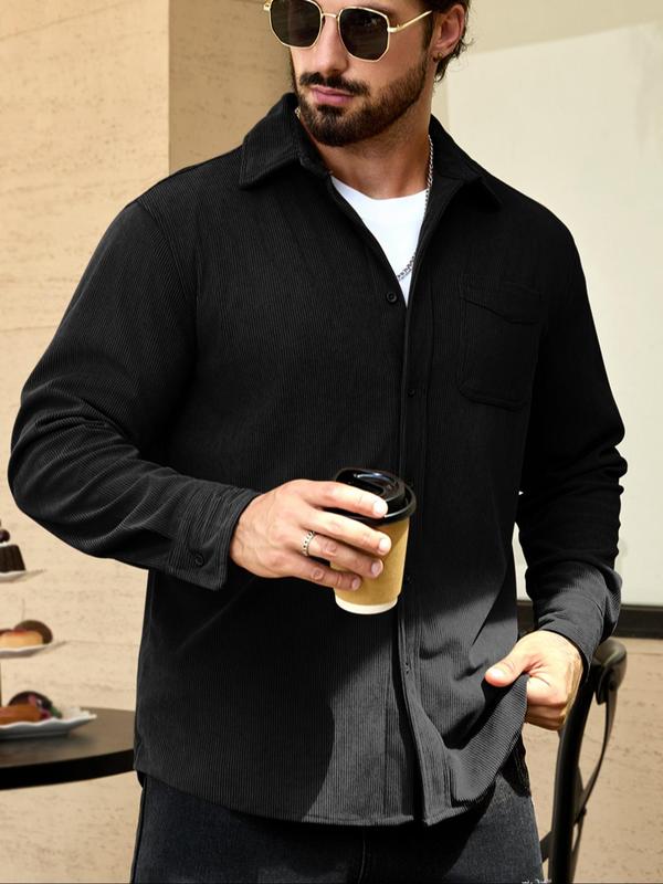 Men's Solid Button Front Pocket Shirt, Loose Casual Long Sleeve Collared Top for Fall & Winter, Men's Clothes for Daily Wear
