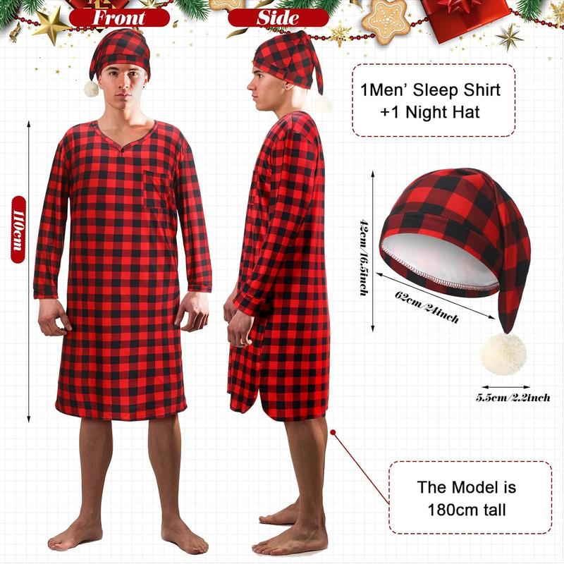 Christmas Plaid Men's Sleep Shirt Sleeping Hat Set Long Sleeve Pajama Cap with Pom Balls for Men