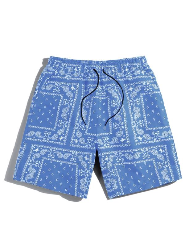 Men's Ethnic Pattern Pocket Drawstring Waist Shorts, Regular Fit Summer Clothes, Stylish Paisley Print Elastic Waist Swim Trunks, Going Out Outfit, Back To School Outfits, Beach Shorts for Casual, Drippy Outfits, 80s Fashion