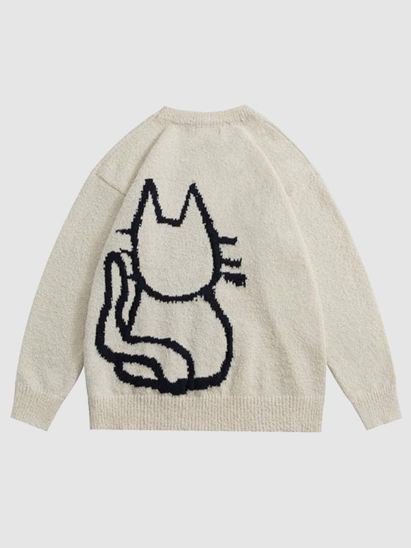 Unisex Men's Cartoon Cat Print Crewneck Sweater, Spring Outfits 2024, Loose Casual Streetwear Longsleeves Jumper for Fall Winter Menswear, Streetwear Y2k Tops, Graphic Sweater for Women