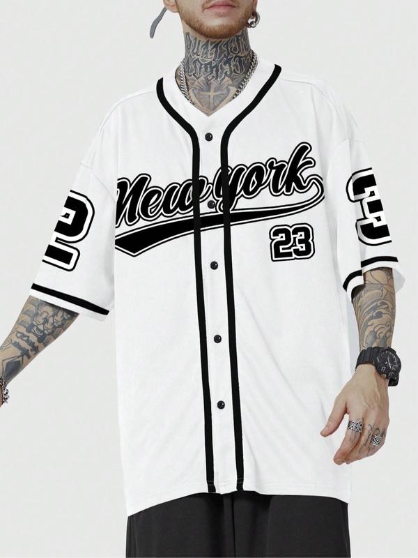 Men's Letter & Number Print Button Front V Neck Baseball Jersey, Casual Drop Shoulder Short Sleeve Top for Daily Wear, Men's Clothes for All Seasons