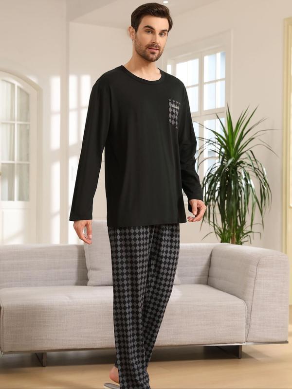 Two-Piece Set Men's Plaid Print Tee & Pants Pyjama, Casual Comfy Round Neck Long Sleeve Top & Trousers PJ Set, Men's Sleepwear for Spring & Fall