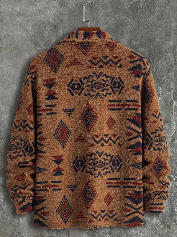 Men's Geometric Print Button Front Fleece Jacket, Regular Fit Casual Long Sleeve Collared Outerwear for Fall & Winter, Men's Clothes for Daily Wear