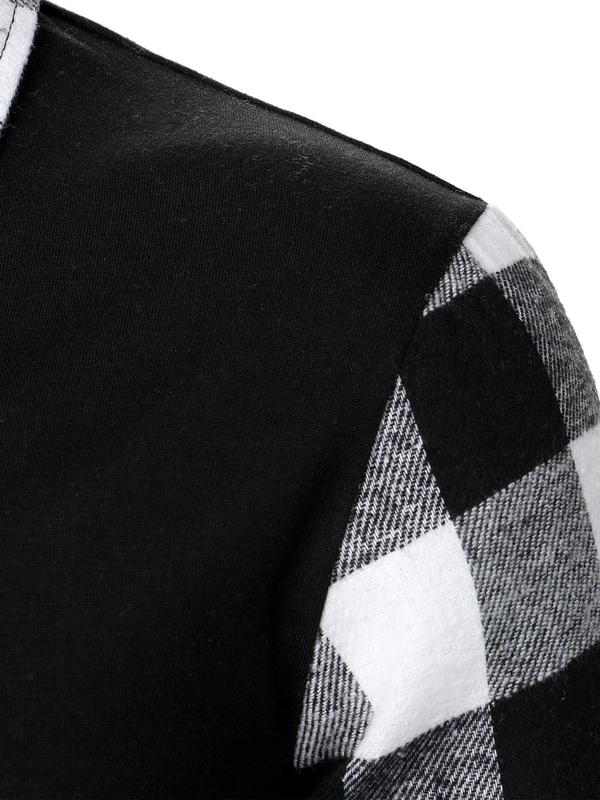 Men's Patchwork Plaid Print Half Zip Up Polo Shirt, Regular Fit Casual Long Sleeve  Top for Fall & Winter, Men's Clothes for Daily Wear