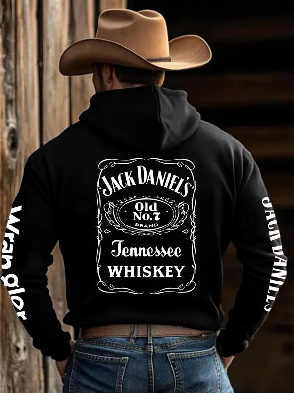 Men's Regular Fit Jack Daniel's Whisky & Letter Print Drawstring Hoodie, Casual Pocket Thermal Lined Long Sleeve Hooded Sweatshirt, Men Clothes for Fall & Winter Daily Wear