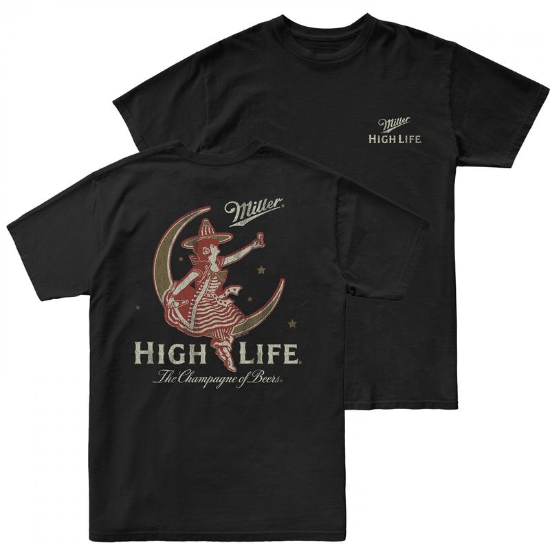 Miller High Life Girl In The Moon Front and Back Print T-Shirt