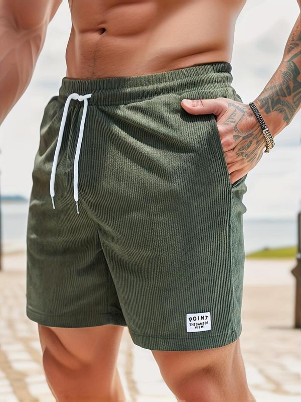 Men's Letter Patched Drawstring Waist Corduroy Shorts, Casual Pocket Design Shorts for Summer, Fashion Men's Bottoms for Daily Wear