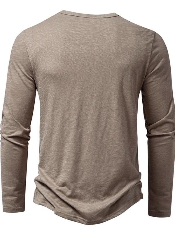 Men's Button Front Round Neck Henry Tee, Regular Fit Solid Long Sleeve T-shirt for Daily Wear, Casual Soft Comfy Top for All Seasons, Fall Clothes 2024