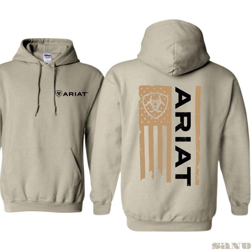 Ariat Hoodie - American flag style hoodie with prominent Ariat logo, perfect for those who appreciate a bold and rugged look, ideal for all outdoor activities. Unisex.