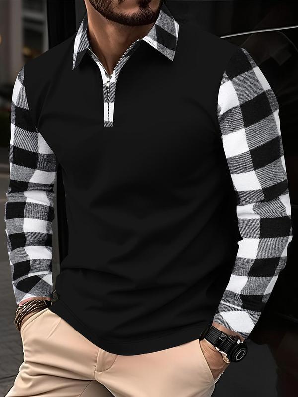 Men's Patchwork Plaid Print Half Zip Up Polo Shirt, Regular Fit Casual Long Sleeve  Top for Fall & Winter, Men's Clothes for Daily Wear