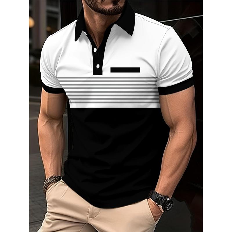 Men's shirtMen's Casual Striped Short Sleeve Lapel Shirt, Chic Sports Top For Summer Outdoor Activities