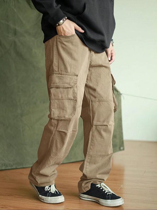 Men's Solid Color Flap Pocket Drawstring Waist Cargo Pants, Street Fashion Casual Loose Elastic Waist Trousers for Daily Wear, Men's Bottoms for All Seasons