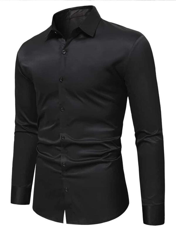 Men's Solid Button Front Shirt, Regular Fit Long Sleeve Collared Top for Business Work Office, Fashion Men's Clothes for Spring & Fall