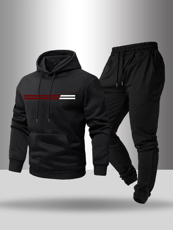 Two-piece Set Men's  Drop Shoulder Pocket Hoodie & Elastic Waist Sweatpants  Set, Casual Fashion Cozy Regular Fit Drawstring  Hooded Sweatshirt & Trousers for Daily Wear, Men's Two-piece Outfits for Fall & Winter