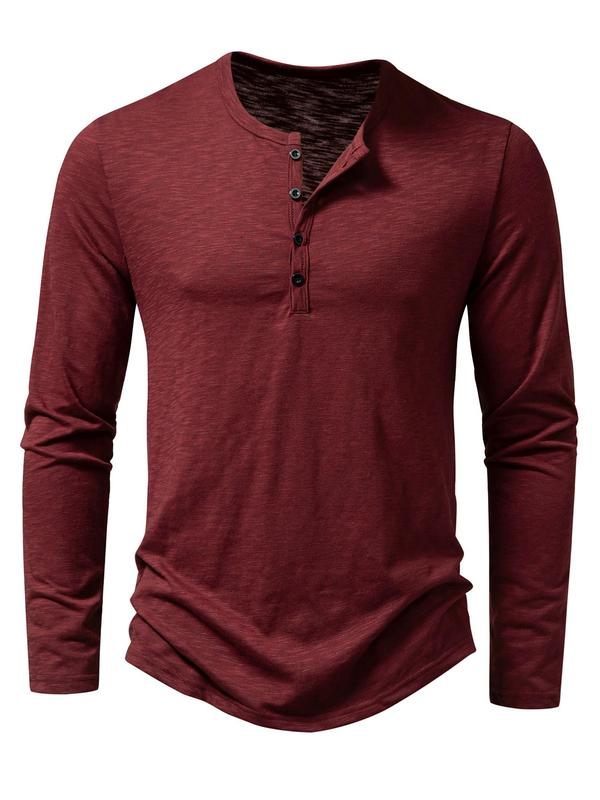 Men's Button Front Round Neck Henry Tee, Regular Fit Solid Long Sleeve T-shirt for Daily Wear, Casual Soft Comfy Top for All Seasons, Fall Clothes 2024