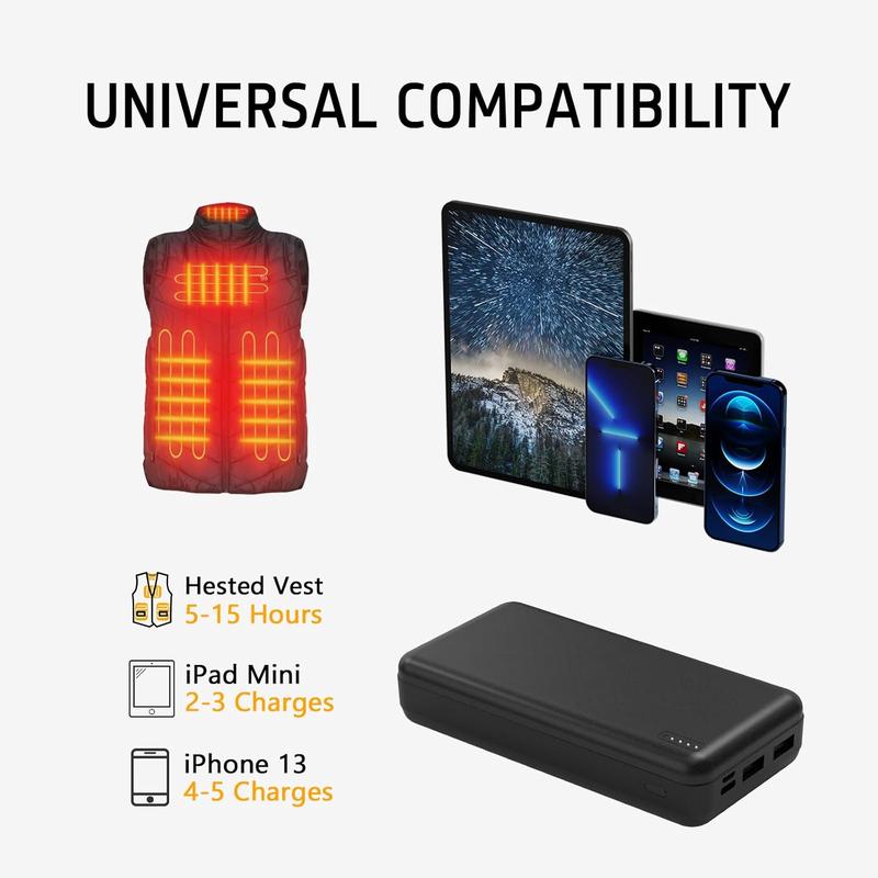 5V 2A 20000mah Heated Vest Heated Jacket  Pack Power  Rechargeable  for for Heated Vests Heated Jackets Heated Hoodies for Men Women(No DC Port, Not Suit for 7.4v)