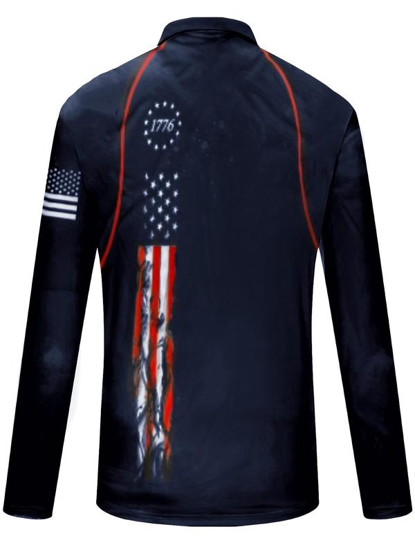 Men's American Flag Print Zipper Raglan Sleeve Polo Shirt, Regular Fit Casual Long Sleeve Polo Collared Top for Daily Outdoor Wear, Fashion Men's Clothes for All Seasons