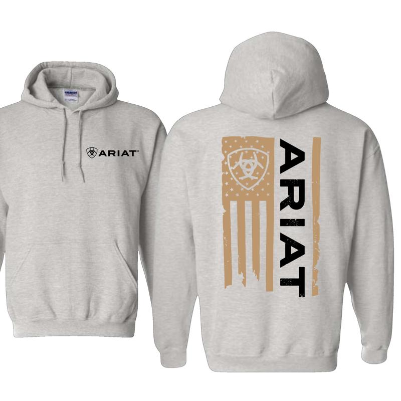 Ariat Hoodie - American flag style hoodie with prominent Ariat logo, perfect for those who appreciate a bold and rugged look, ideal for all outdoor activities. Unisex.