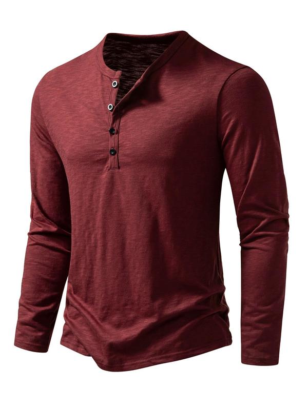 Men's Button Front Round Neck Henry Tee, Regular Fit Solid Long Sleeve T-shirt for Daily Wear, Casual Soft Comfy Top for All Seasons, Fall Clothes 2024