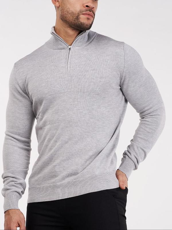 Men's Solid Half Zip Up High Neck Sweater, Regular Fit Casual Long Sleeve Jumper for Daily Outdoor Wear, Fashion Men's Knitwear for All Seasons