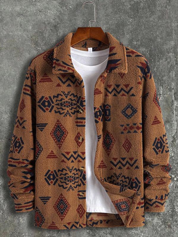 Men's Geometric Print Button Front Fleece Jacket, Regular Fit Casual Long Sleeve Collared Outerwear for Fall & Winter, Men's Clothes for Daily Wear