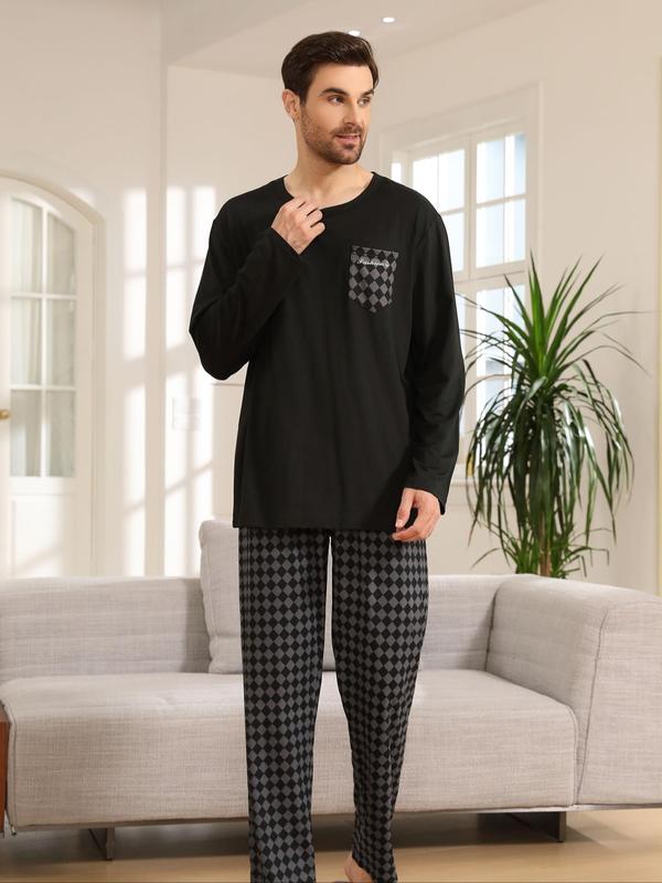 Two-Piece Set Men's Plaid Print Tee & Pants Pyjama, Casual Comfy Round Neck Long Sleeve Top & Trousers PJ Set, Men's Sleepwear for Spring & Fall