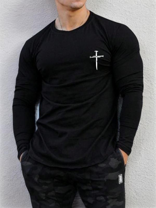 Emo Outfits Men's Regular Fit Cross Print Round Neck Long Sleeve Tee, Y2k Men's Clothing Outfits, Streetwear, Longsleeves Crew Neck T-shirt for Fall, Casual Men's Crewneck Tshirt for Daily Wear, Menswear, Graphic Tees, Going Out Tops