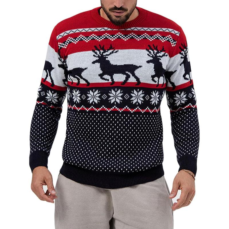 Runcati Mens Ugly Christmas Sweater Pullover Long Sleeve Reindeer Snowflake Soft Knitted Sweaters