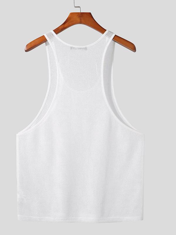 Men's Regular Fit Solid Hollow Out Sheer Scoop Neck Tank Top, Casual Sleeveless Top for Summer, Fashion Men's Clothes for Daily Wear