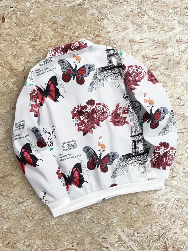 Men's Eiffel Tower & Floral & Butterfly Print Button Front Jacket, Casual Long Sleeve Collared Outerwear for Fall & Winter, Men's Clothes for Daily Wear