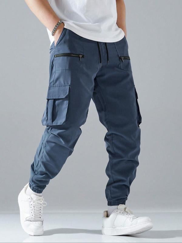 Men's Loose Solid Pocket Drawstring Waist Cargo Pants, Street Fashion Zipper Jogger Pants for Daily Wear, Casual Men's Trousers for All Seasons, Pants for Men, Going Out Summer Bottoms, Teacher Outfits 2024, 2000s Pants