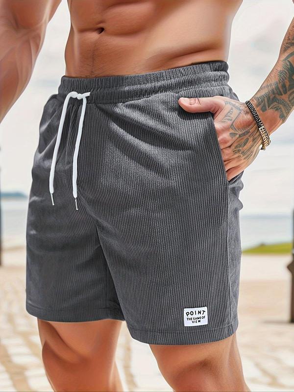 Men's Letter Patched Drawstring Waist Corduroy Shorts, Casual Pocket Design Shorts for Summer, Fashion Men's Bottoms for Daily Wear