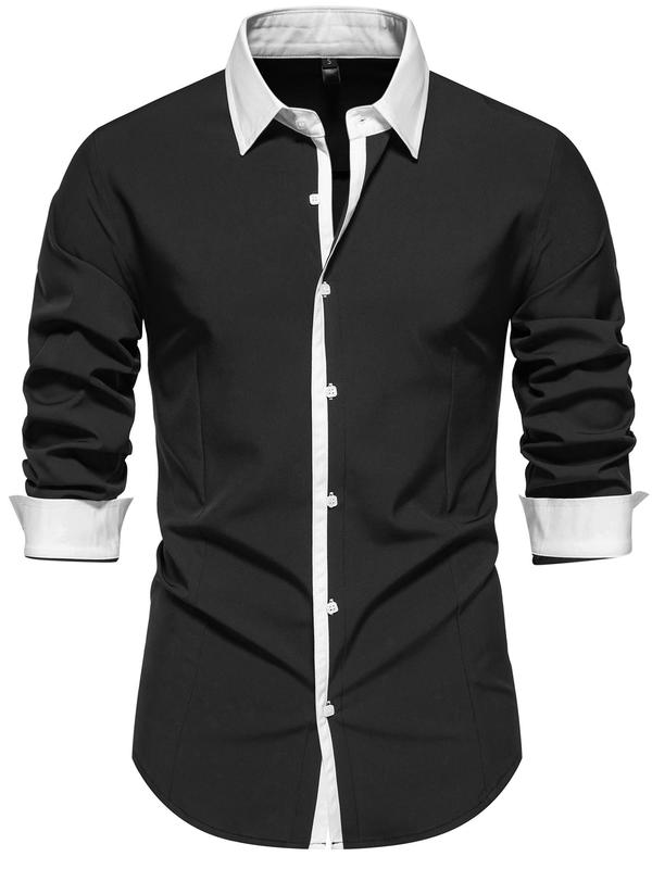 Men's Solid Button Front Shirt, Casual Regular Fit Long Sleeve Collared Top for Spring & Fall, Menswear for Daily Wear