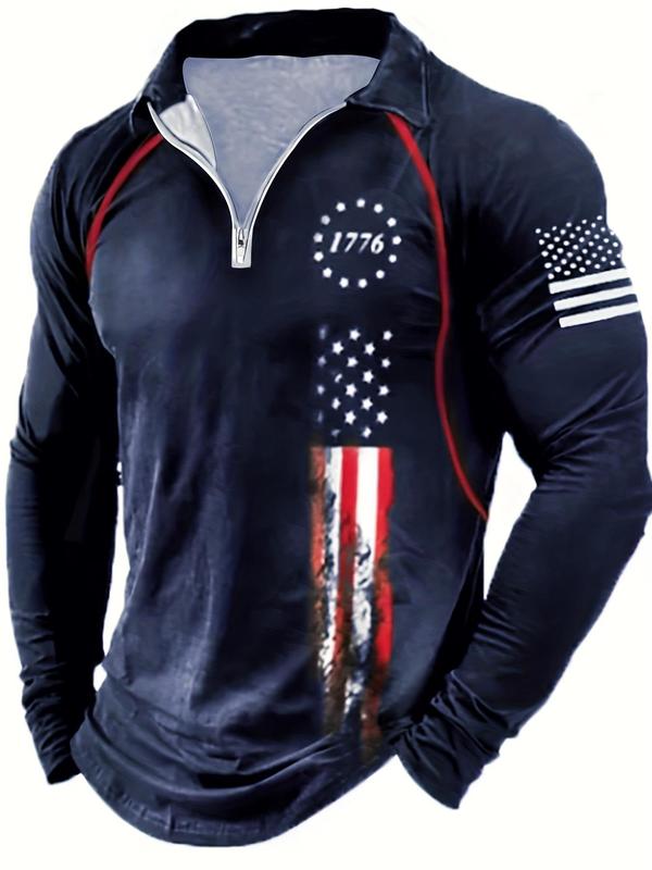 Men's American Flag Print Zipper Raglan Sleeve Polo Shirt, Regular Fit Casual Long Sleeve Polo Collared Top for Daily Outdoor Wear, Fashion Men's Clothes for All Seasons