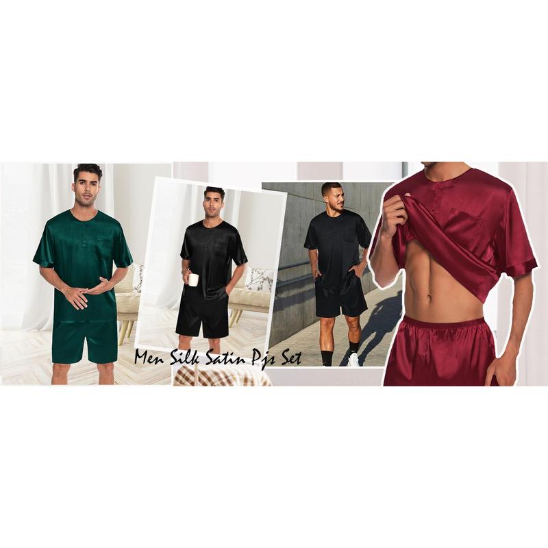 Men satin pajamas set short sleeve silk sleepwear button down 2 piece loungewear with pockets